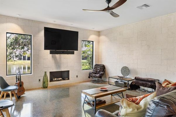 Fireplace, Interior, Living room, Recessed Lighting, Stone Walls