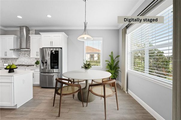 Dining room, Interior, Kitchen, Pendant Lights, Recessed Lighting, Stainless Steel Appliances, Wood Texture Flooring