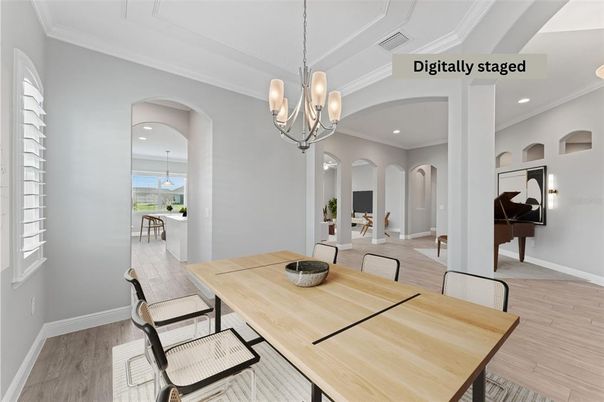 Chandelier, Dining room, Interior, Pendant Lights, Recessed Lighting, Wood Texture Flooring