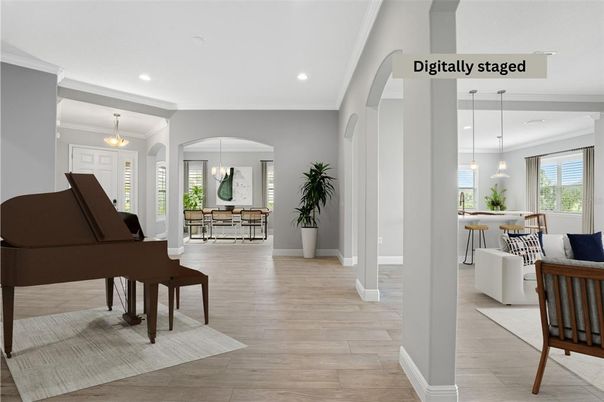 Dining room, Interior, Pendant Lights, Piano, Recessed Lighting, Wood Texture Flooring