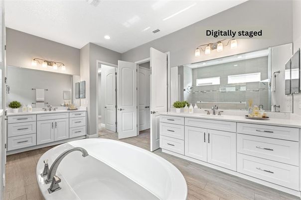 Bathroom, Dual Sink Vanities, Free Standing Baths, Interior, Recessed Lighting, Wood Texture Flooring