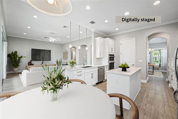Dining room, Interior, Kitchen, Living room, Pendant Lights, Recessed Lighting, Stainless Steel Appliances, Wood Texture Flooring