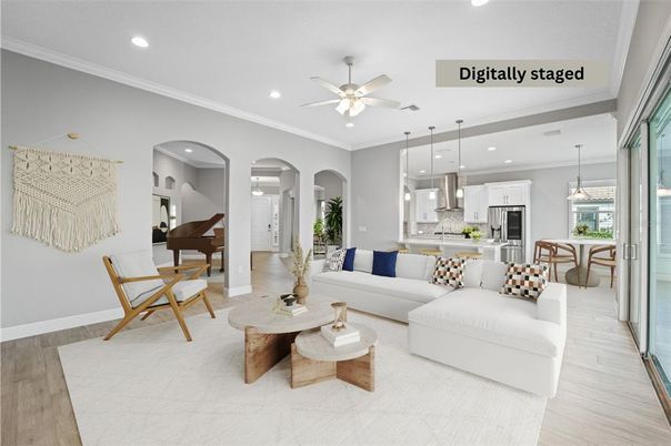 Interior, Kitchen, Living room, Pendant Lights, Piano, Recessed Lighting, Stainless Steel Appliances, Wood Texture Flooring