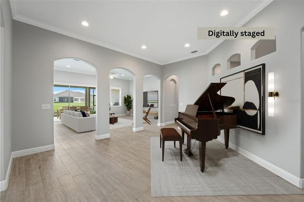 Interior, Living room, Piano, Recessed Lighting, Wood Texture Flooring