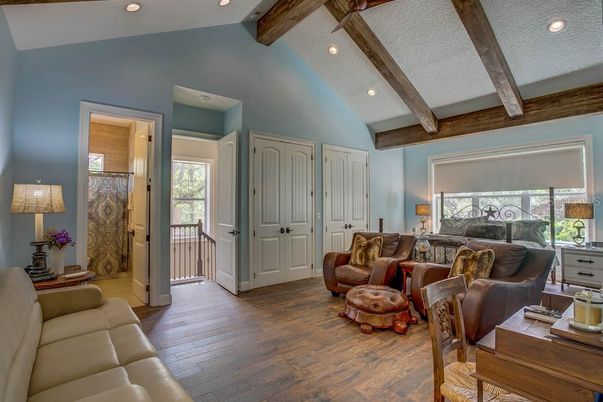 Interior, Living room, Recessed Lighting, Wooden Beams, Wood Texture Flooring