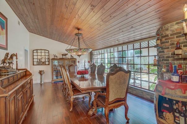 Dining room, Interior, Pendant Lights, Stone Walls, Wooden Ceilings, Wood Texture Flooring
