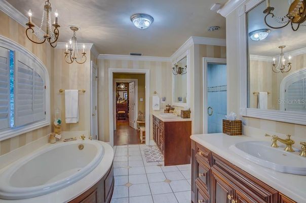 Bathroom, Chandelier, Dual Sink Vanities, Interior, Wood Texture Flooring