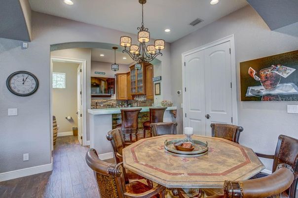 Chandelier, Dining room, Interior, Recessed Lighting, Wood Texture Flooring
