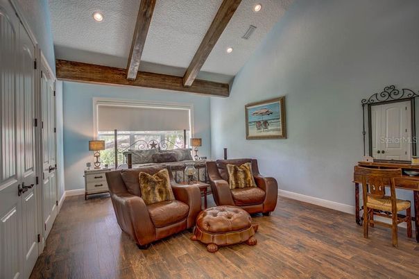Dining room, Interior, Living room, Recessed Lighting, Wooden Beams, Wood Texture Flooring