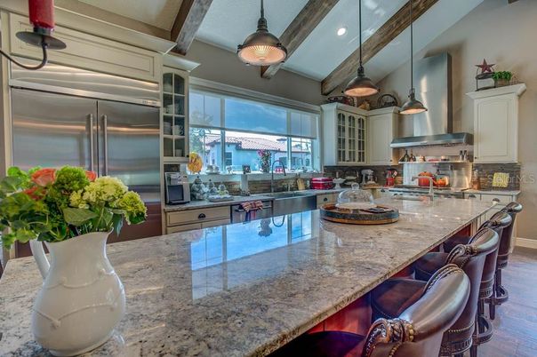 Interior, Kitchen, Pendant Lights, Recessed Lighting, Stainless Steel Appliances, Wooden Beams, Wood Texture Flooring