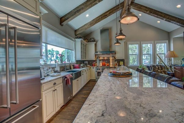 Interior, Kitchen, Pendant Lights, Recessed Lighting, Stainless Steel Appliances, Wooden Beams, Wood Texture Flooring