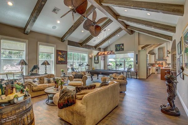 Billiard Table, Game Room, Interior, Living room, Pendant Lights, Recessed Lighting, Wooden Beams, Wood Texture Flooring