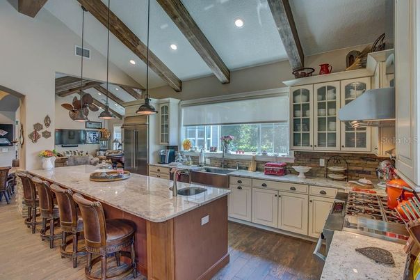 Interior, Kitchen, Pendant Lights, Recessed Lighting, Stainless Steel Appliances, Wooden Beams, Wood Texture Flooring