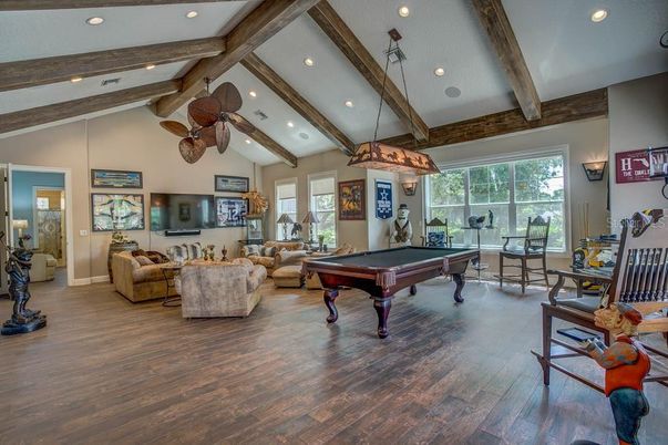 Billiard Table, Game Room, Interior, Living room, Pendant Lights, Recessed Lighting, Wooden Beams, Wood Texture Flooring