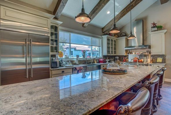 Interior, Kitchen, Pendant Lights, Recessed Lighting, Stainless Steel Appliances, Wooden Beams, Wood Texture Flooring