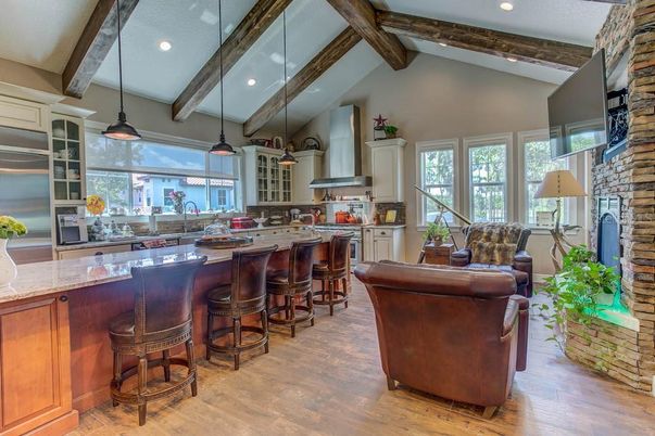 Interior, Kitchen, Pendant Lights, Recessed Lighting, Stainless Steel Appliances, Wooden Beams, Wood Texture Flooring