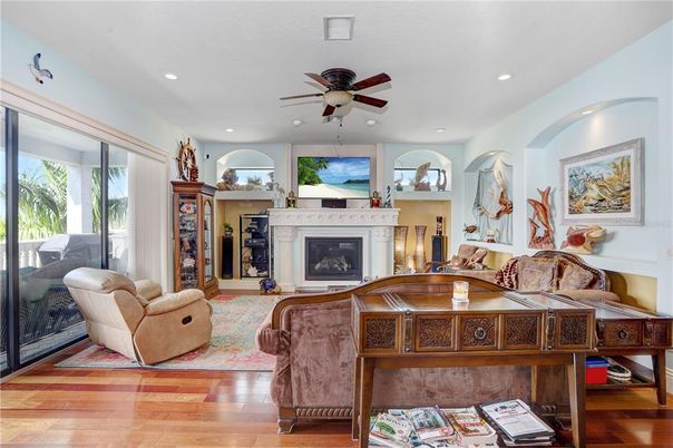 Fireplace, Interior, Living room, Recessed Lighting, Wood Texture Flooring