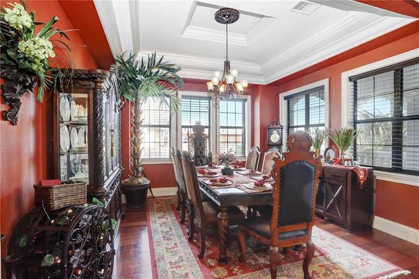 Chandelier, Dining room, Interior, Wood Texture Flooring