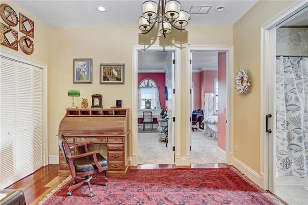 Chandelier, Home Office, Interior, Recessed Lighting, Wood Texture Flooring