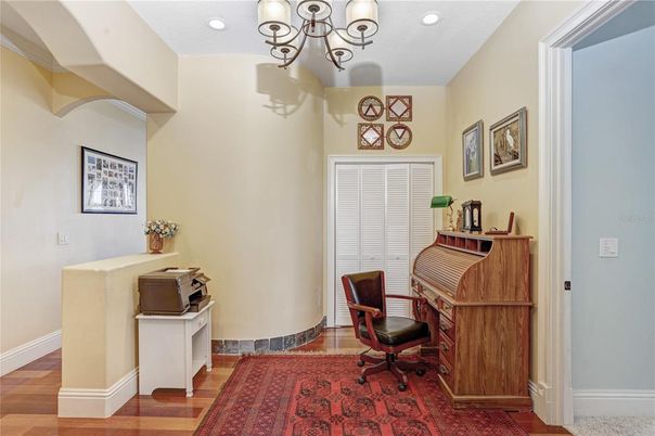 Chandelier, Home Office, Interior, Recessed Lighting, Wood Texture Flooring