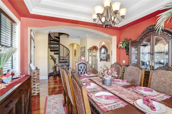 Chandelier, Dining room, Interior, Wood Texture Flooring
