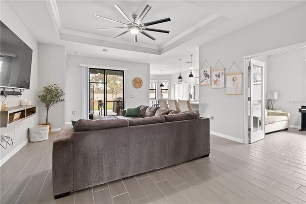 Interior, Kitchen, Living room, Pendant Lights, Wood Texture Flooring