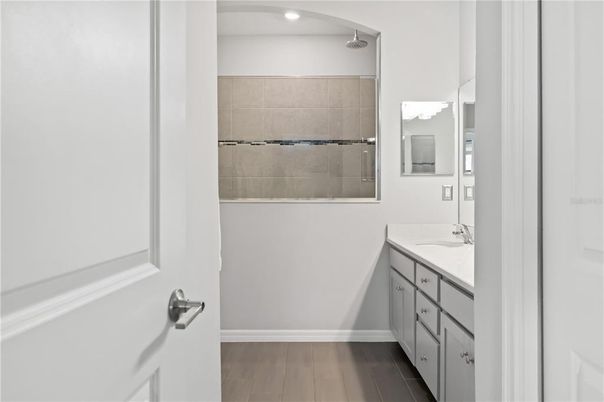 Bathroom, Interior, Recessed Lighting, Wood Texture Flooring