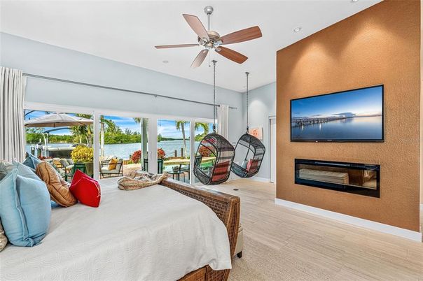 Bedroom, Fireplace, Interior, Water, Wood Texture Flooring