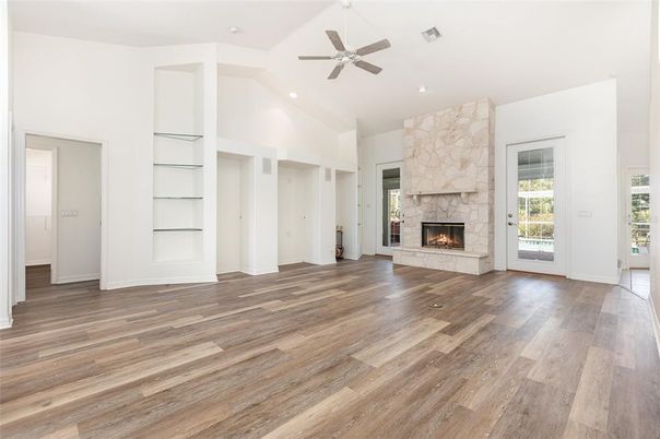 Empty room, Fireplace, Interior, Recessed Lighting, Wood Texture Flooring
