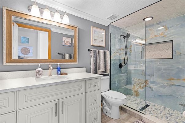 Bathroom, Glass Shower, Interior, Recessed Lighting, Wood Texture Flooring