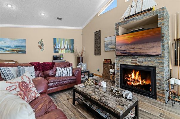 Fireplace, Interior, Living room, Recessed Lighting, Wood Texture Flooring