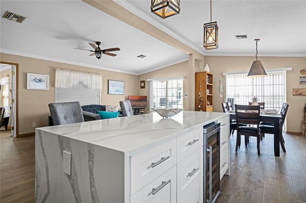 Dining room, Interior, Kitchen, Pendant Lights, Wood Texture Flooring