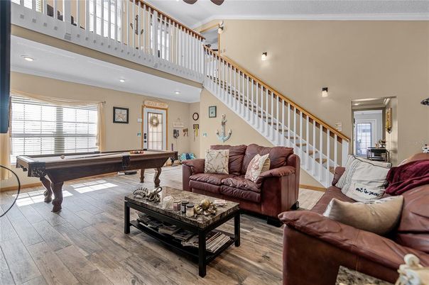 Billiard Table, Game Room, Interior, Living room, Recessed Lighting, Wood Texture Flooring