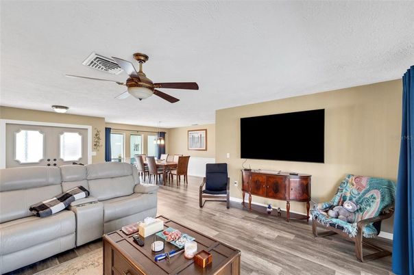 Dining room, Interior, Living room, Pendant Lights, Wood Texture Flooring