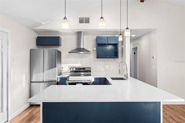 Interior, Kitchen, Pendant Lights, Stainless Steel Appliances, Wood Texture Flooring