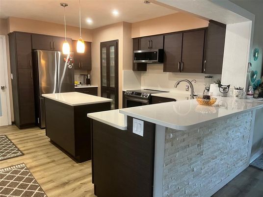 Interior, Kitchen, Pendant Lights, Recessed Lighting, Stainless Steel Appliances, Wood Texture Flooring