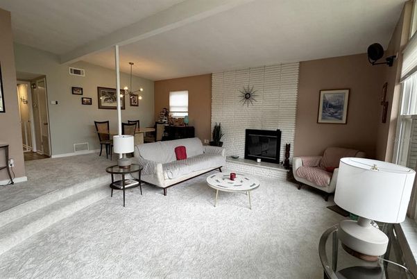 Dining room, Fireplace, Interior, Living room, Pendant Lights, Stone Walls