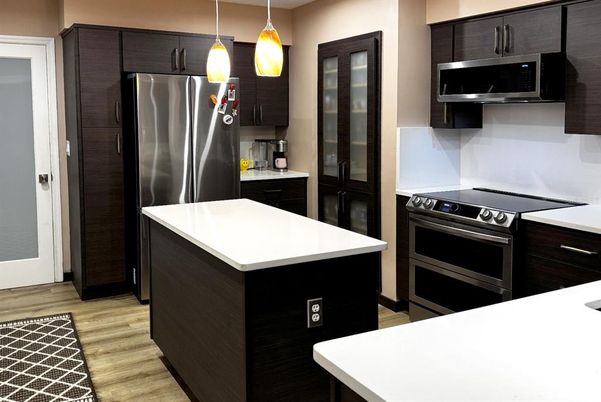 Interior, Kitchen, Pendant Lights, Stainless Steel Appliances, Wood Texture Flooring