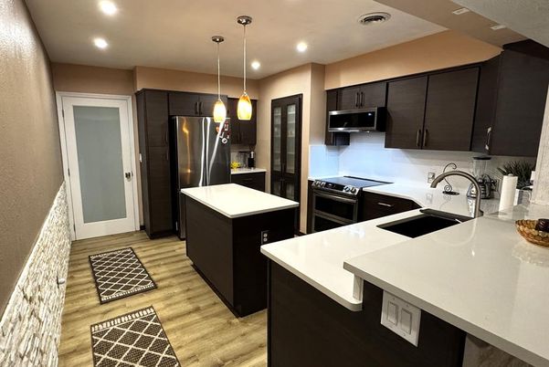 Interior, Kitchen, Pendant Lights, Recessed Lighting, Stainless Steel Appliances, Wood Texture Flooring