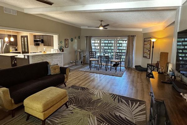 Dining room, Interior, Kitchen, Living room, Pendant Lights, Wood Texture Flooring
