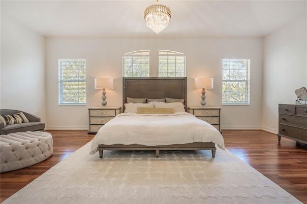 Bedroom, Chandelier, Interior, Wood Texture Flooring