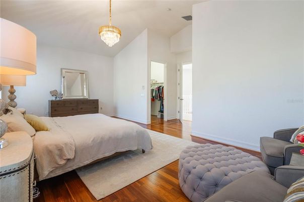Bedroom, Chandelier, Interior, Wood Texture Flooring