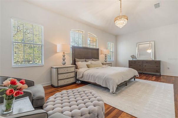 Bedroom, Chandelier, Interior, Wood Texture Flooring