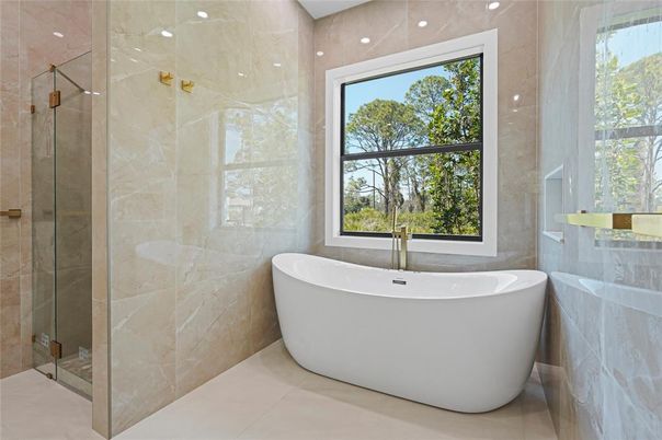 Bathroom, Free Standing Baths, Glass Shower, Interior, Recessed Lighting