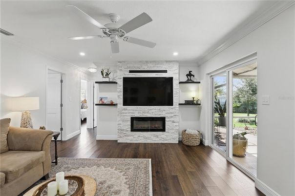 Fireplace, Interior, Recessed Lighting, Wood Texture Flooring