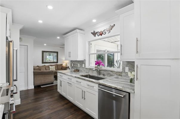 Interior, Kitchen, Living room, Recessed Lighting, Stainless Steel Appliances, Wood Texture Flooring