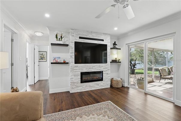 Fireplace, Interior, Recessed Lighting, Stone Walls, Wood Texture Flooring