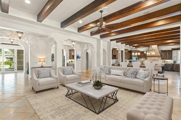 Chandelier, Dining room, Interior, Kitchen, Living room, Pendant Lights, Recessed Lighting, Wooden Beams