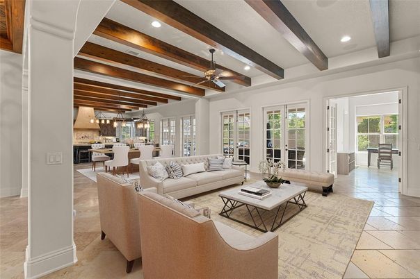 Dining room, Interior, Kitchen, Living room, Pendant Lights, Recessed Lighting, Wooden Beams