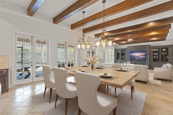 Chandelier, Dining room, Interior, Living room, Pendant Lights, Wooden Beams